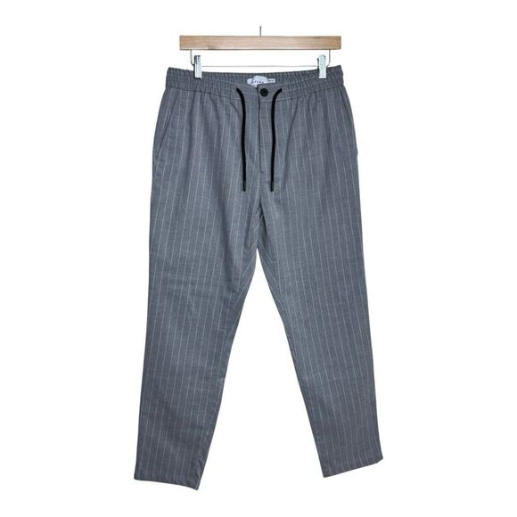 Grey and white striped straight-leg trousers with elasticated waist and drawstri - Picture 3 of 9